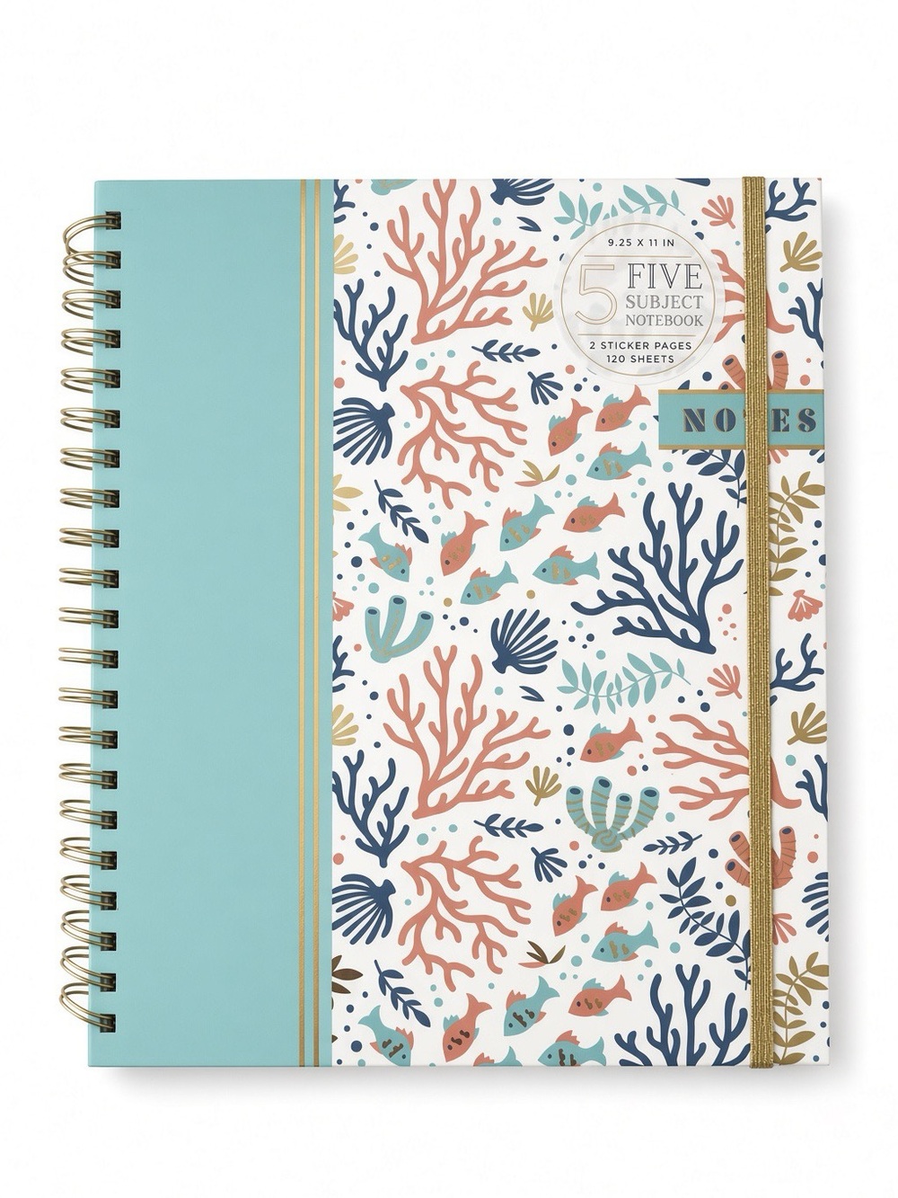 James Burke 5 Subject Ocean Coral Notebook Spiral 9.25x11 +Stickers NEW